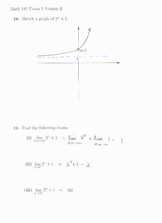 10. shift the exponential function on page 57 up by 1  11(i). 1 (ii). 2 (iii). infinity