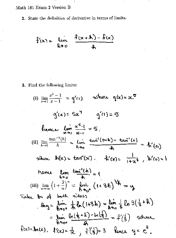 2. f'(x)=lim_h->0 (f(x+h)-f(x))/h 3(i). 5 (ii). 1 (iii). e^3