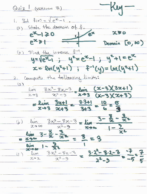 Version B: 1a. [0,infinity) 1b. ln(y^2+1) 2a. 5/3 2b. 3 2c. 7/5