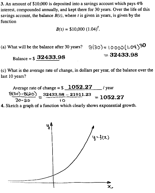 #3a. Balance=$11248.64, #3b.
Average rate of change = $43.264, #4. Graph of f(x)=e^x.